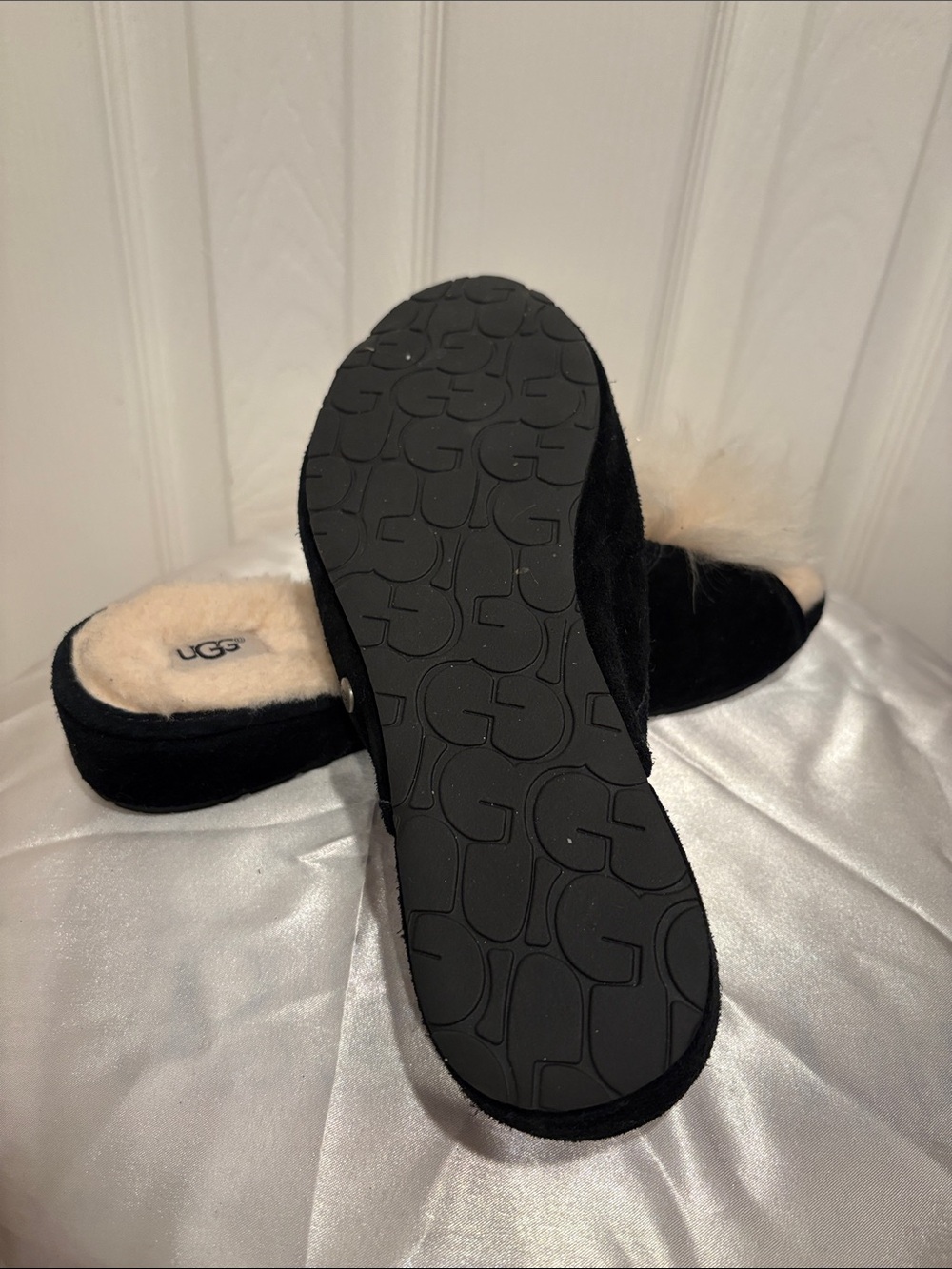 UGG Black Suede Women's Slip-On Slippers with Cream Shearling Pom - Picture 5 of 5